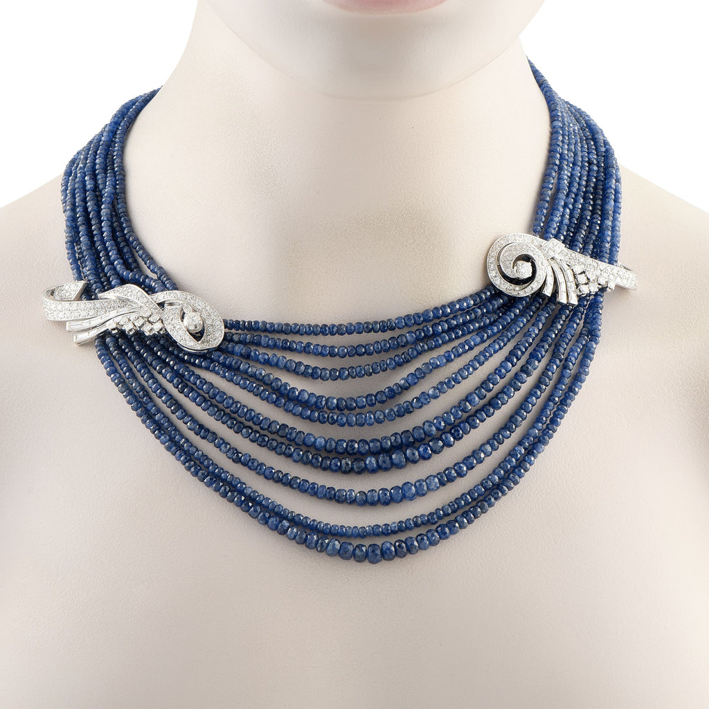 Exclusive 18K White Gold 9.75ct Diamond and 400.0ct Sapphire Multi-StrandNecklace MF12-090525