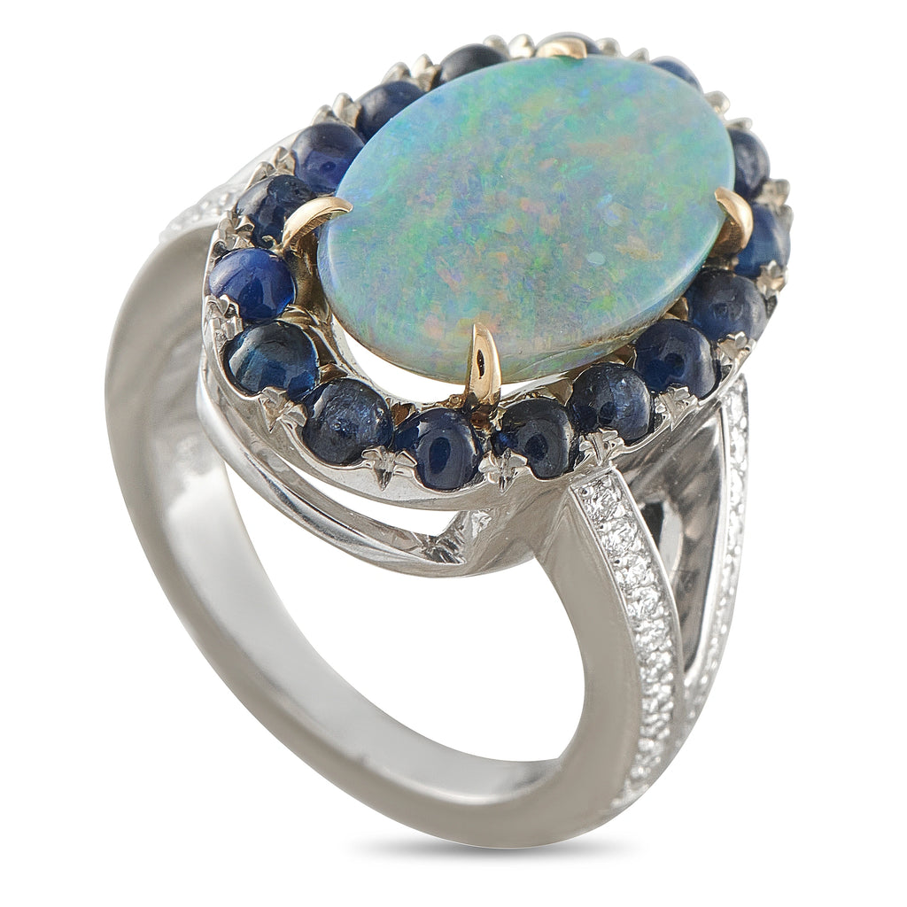 18K White Gold 0.70ct Diamond, Sapphire, and Opal Ring