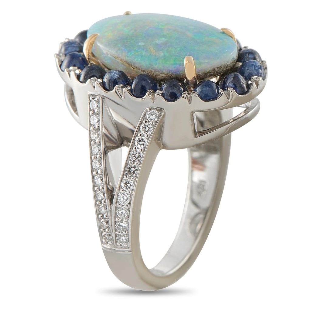 18K White Gold 0.70ct Diamond, Sapphire, and Opal Ring
