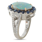 18K White Gold 0.70ct Diamond, Sapphire, and Opal Ring