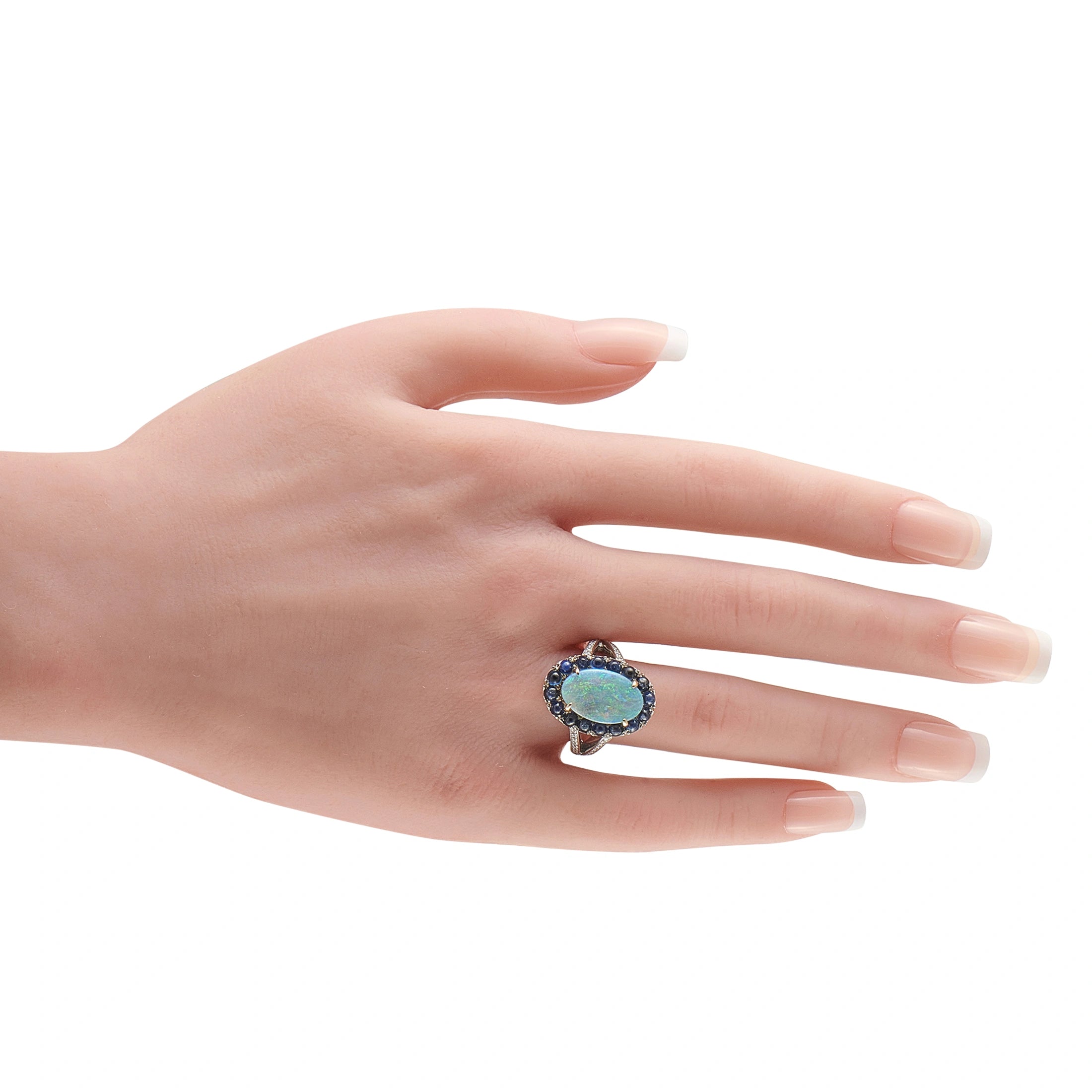18K White Gold 0.70ct Diamond, Sapphire, and Opal Ring