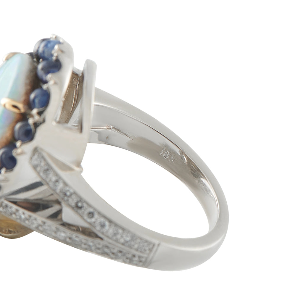 18K White Gold 0.70ct Diamond, Sapphire, and Opal Ring