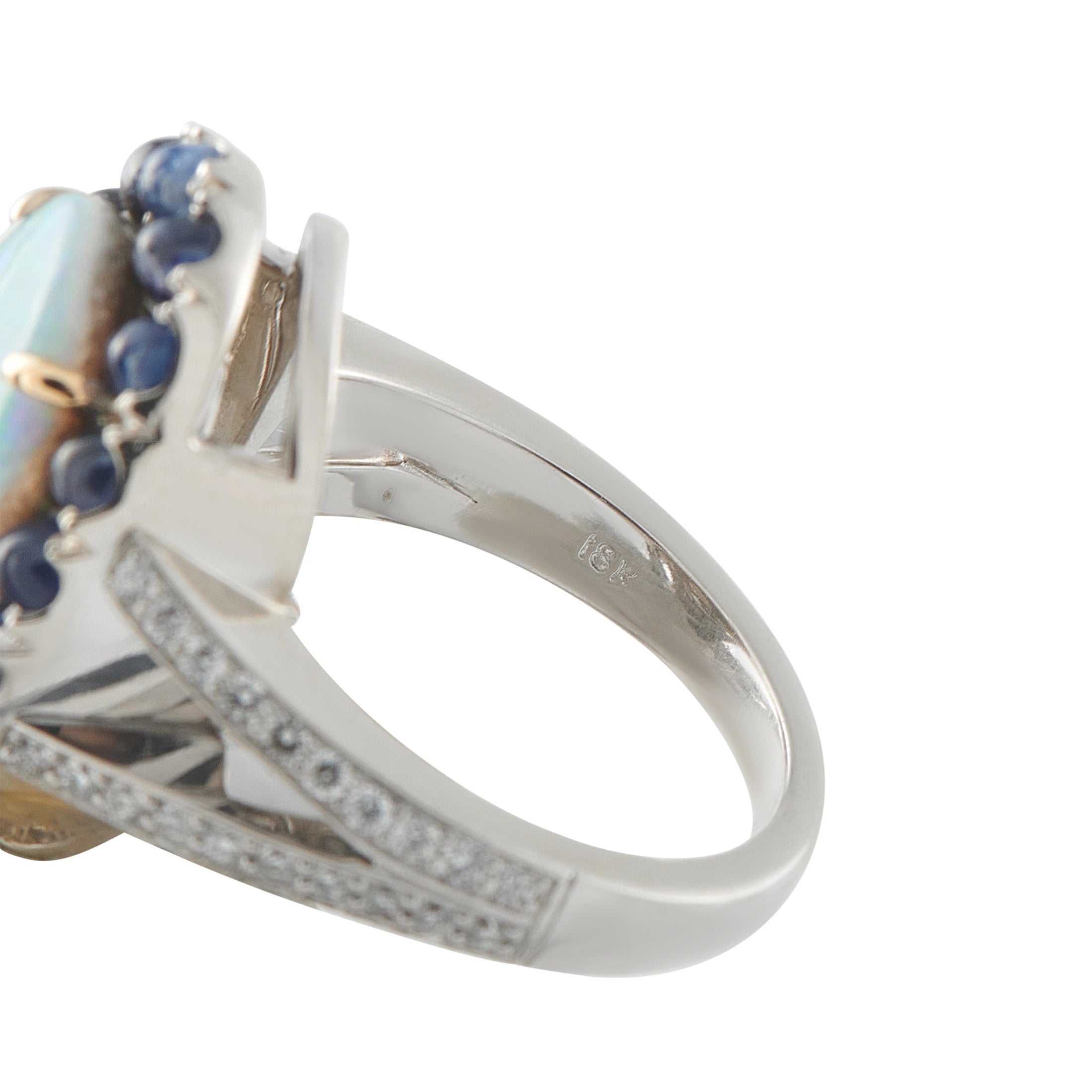 18K White Gold 0.70ct Diamond, Sapphire, and Opal Ring