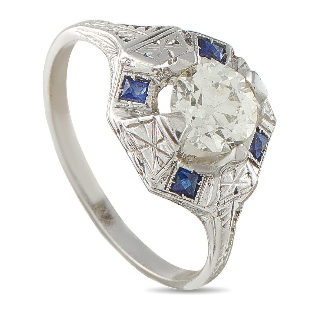 18K White Gold 0.99ct Diamond and Sapphire Octagon Ring