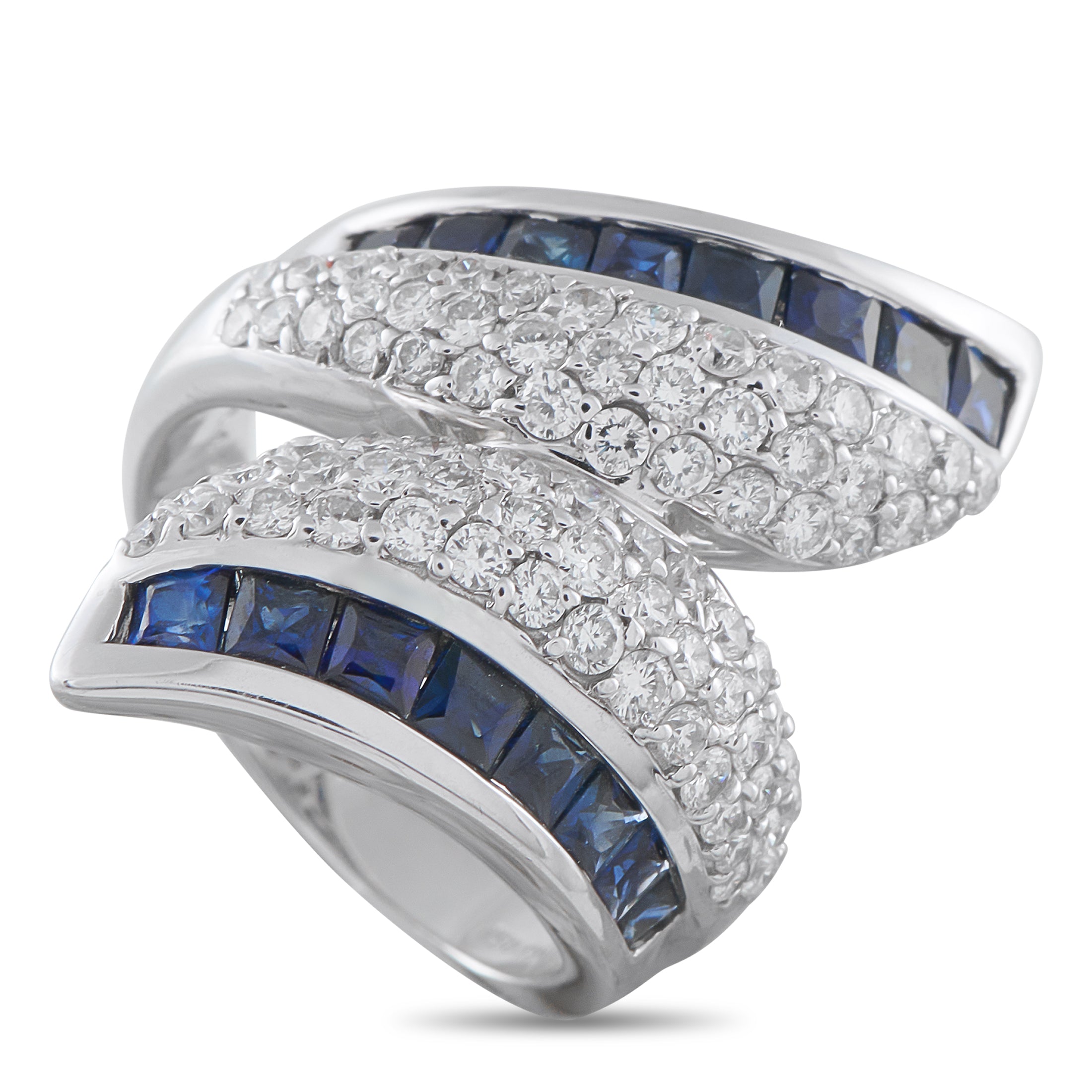 Exclusive 18K White Gold 1.42ct Diamond and Sapphire Ring – A sleek 18K White Gold setting seemingly wraps around the finger 