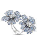 White gold flower duo statement ring with blue sapphires and diamonds, side view