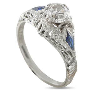18K White Gold 0.71ct Diamond and Sapphire Art Deco Ring
