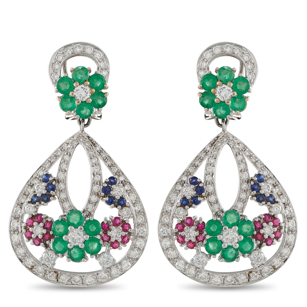 18K White Gold 1.85ct Diamond, Sapphire, Ruby, and Emerald Earrings