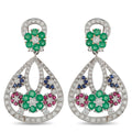 18K White Gold 1.85ct Diamond, Sapphire, Ruby, and Emerald Earrings