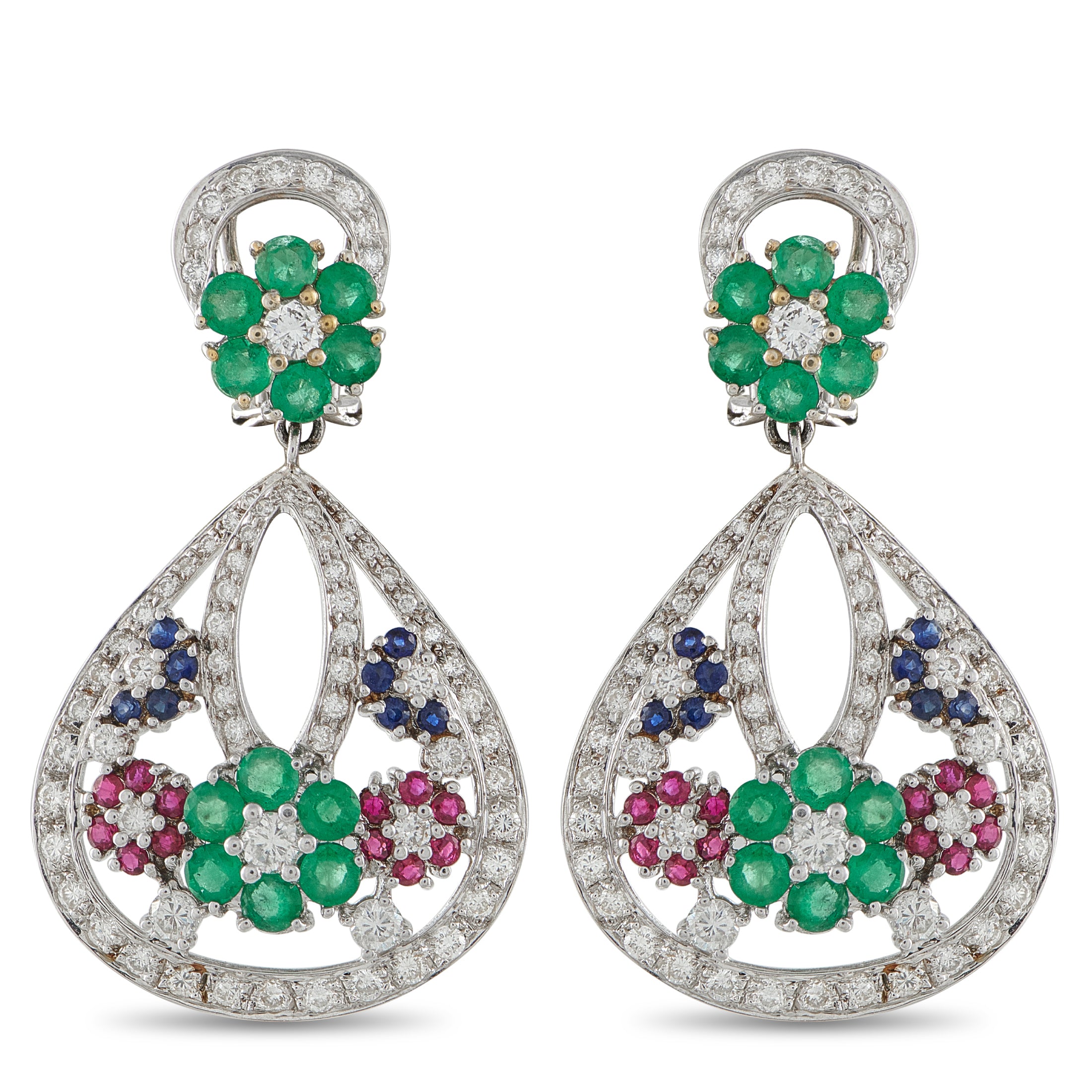 18K White Gold 1.85ct Diamond, Sapphire, Ruby, and Emerald Earrings