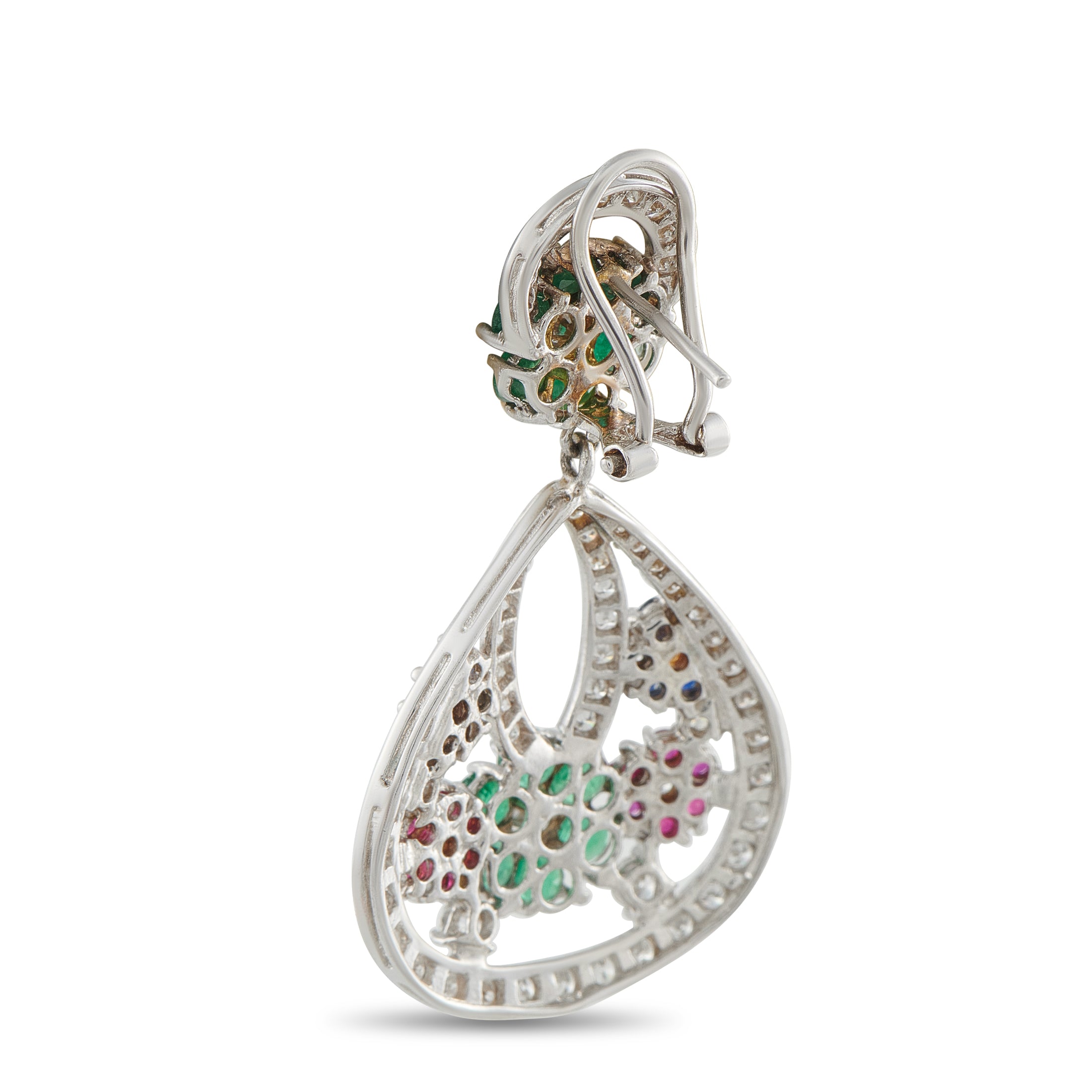 18K White Gold 1.85ct Diamond, Sapphire, Ruby, and Emerald Earrings