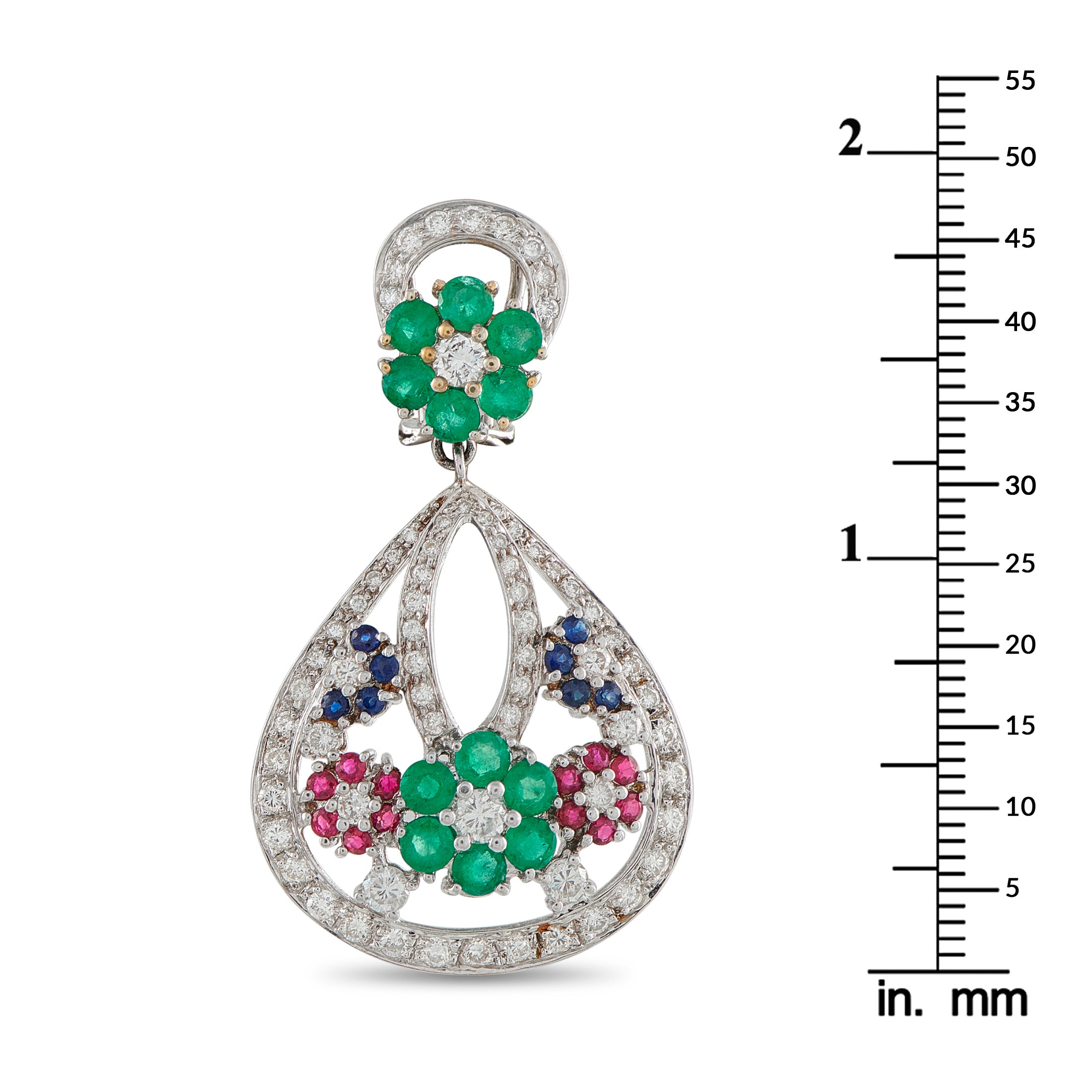 18K White Gold 1.85ct Diamond, Sapphire, Ruby, and Emerald Earrings