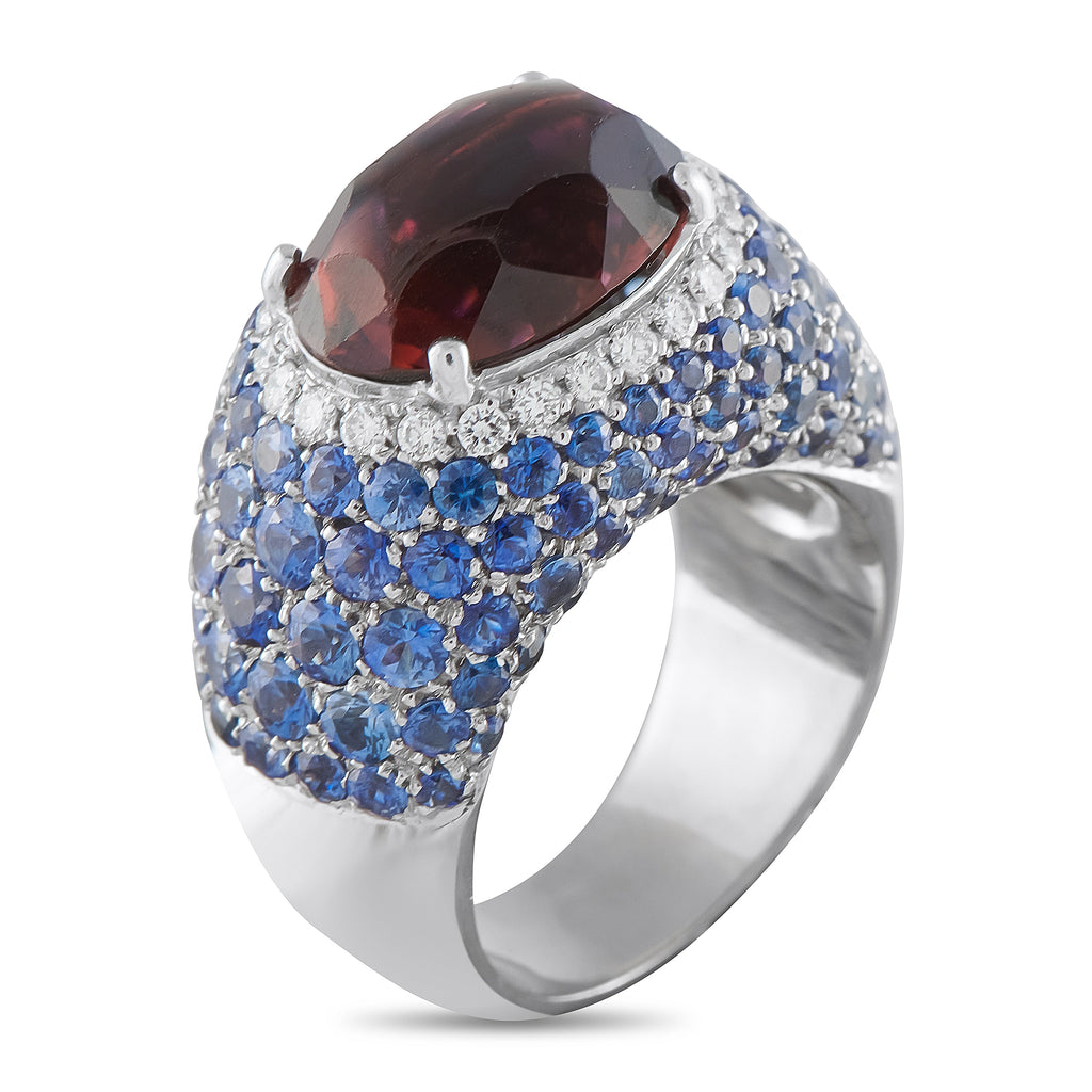 18K White Gold 0.40ct Diamond, Sapphire, and Tourmaline Ring