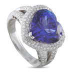 18K white gold heart ring with blue tanzanite center and diamond halo