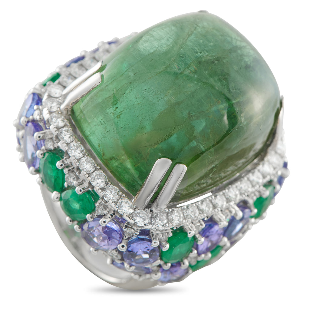 18K White Gold 1.70ct Diamond, Emerald, Tourmaline, and Tanzanite Ring