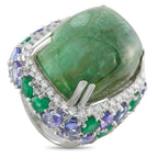 18K White Gold 1.70ct Diamond, Emerald, Tourmaline, and Tanzanite Ring