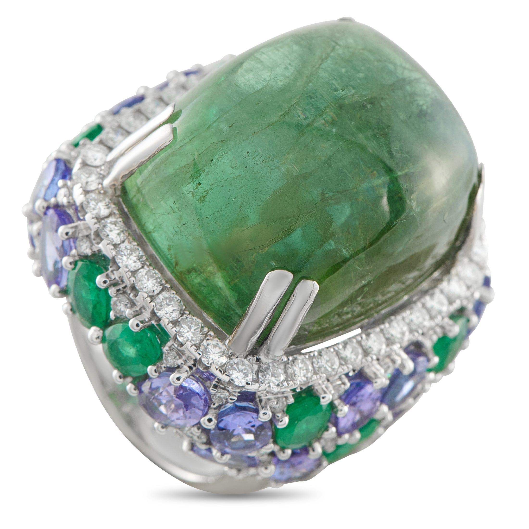 18K White Gold 1.70ct Diamond, Emerald, Tourmaline, and Tanzanite Ring