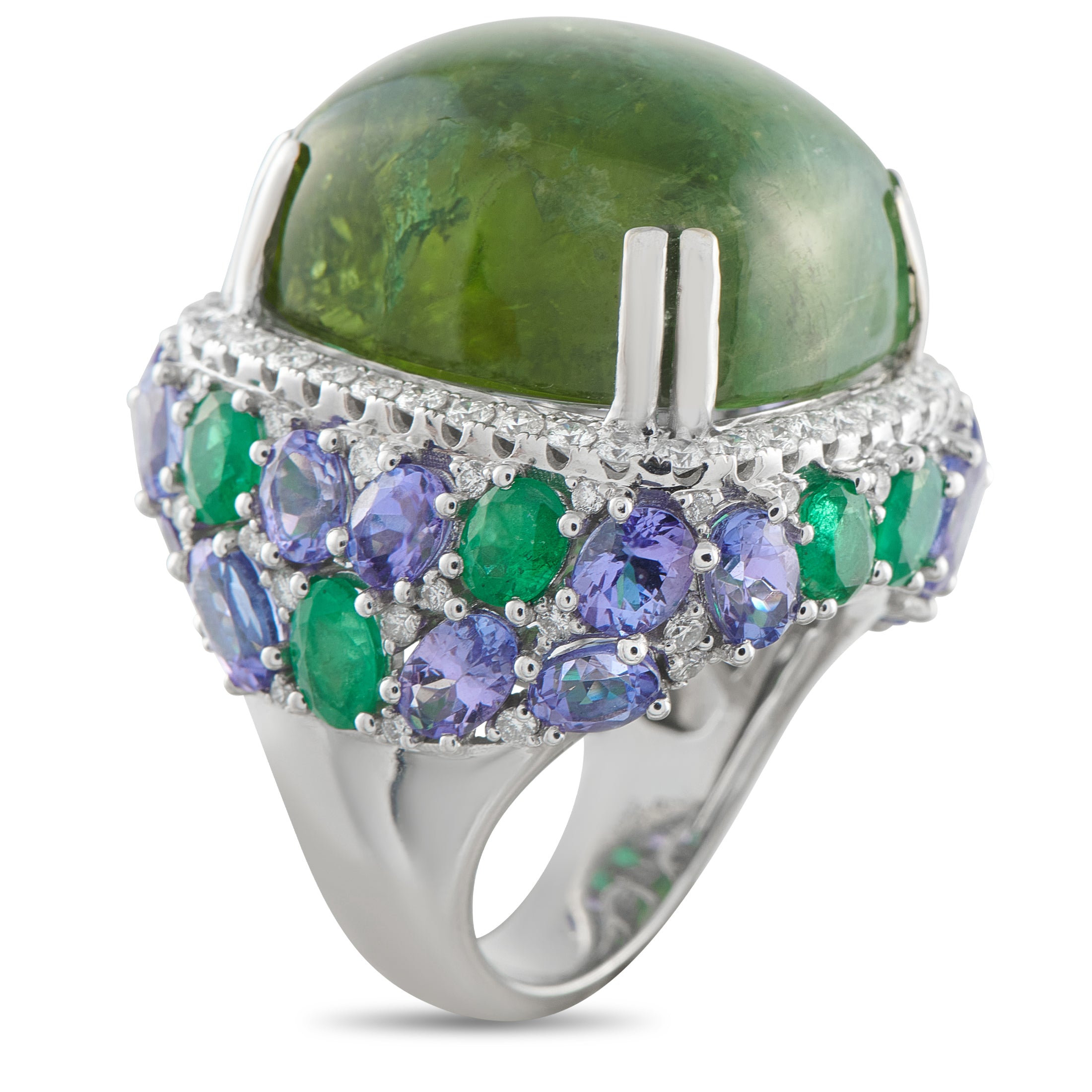 18K White Gold 1.70ct Diamond, Emerald, Tourmaline, and Tanzanite Ring