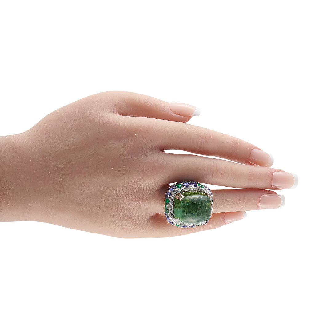 18K White Gold 1.70ct Diamond, Emerald, Tourmaline, and Tanzanite Ring