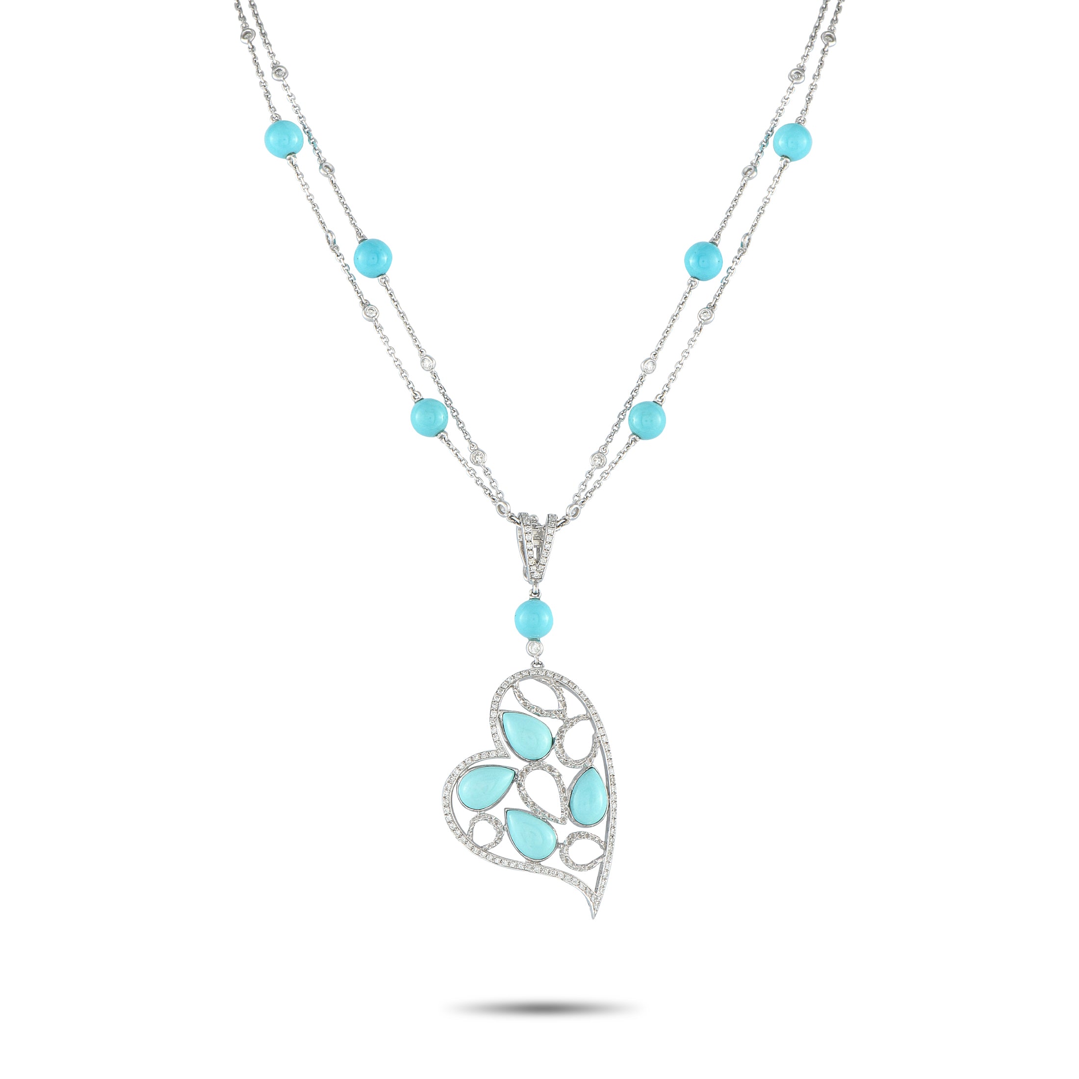 Exclusive 18K White Gold 1.05ct Diamond and Turquoise Heart Necklace – There’s something incredibly captivating about this ex