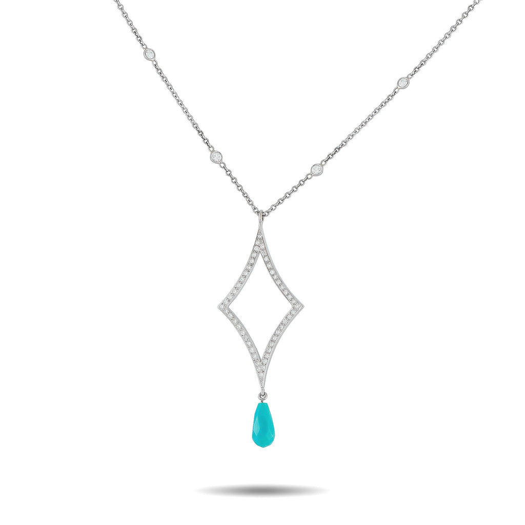 Exclusive 18K White Gold 0.75ct Diamond and Turquoise Necklace MF04-102725 – Delicate and sophisticated in design, this 18K W