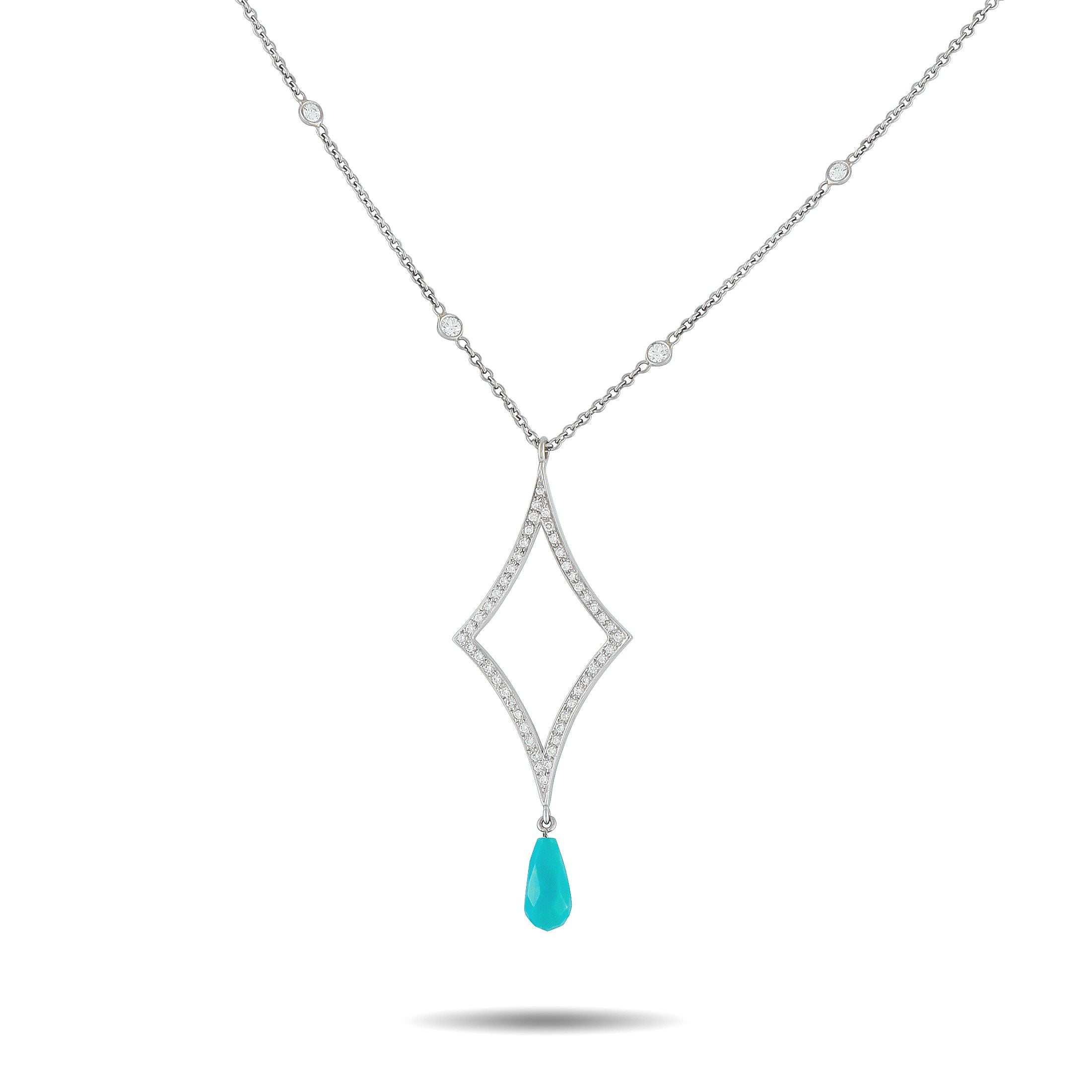 Exclusive 18K White Gold 0.75ct Diamond and Turquoise Necklace MF04-102725 – Delicate and sophisticated in design, this 18K W