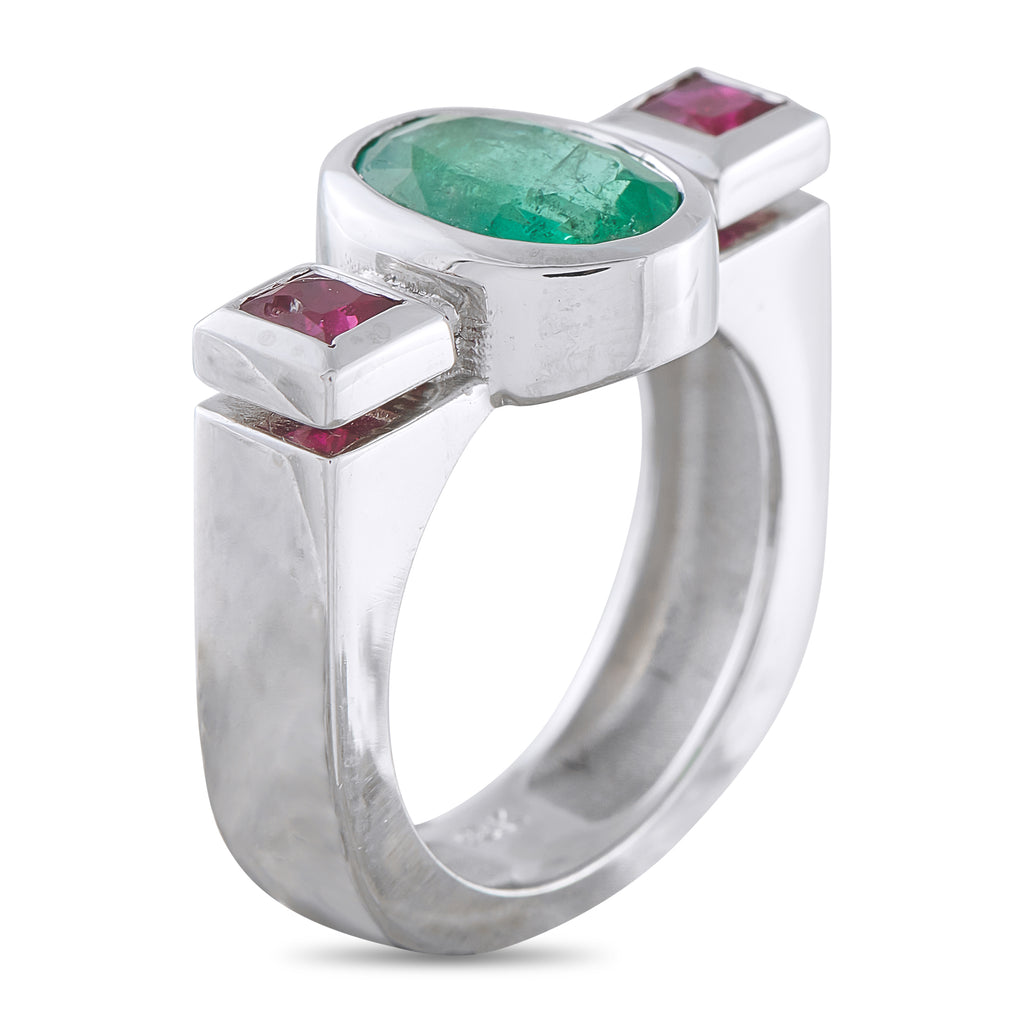 18K White Gold 1.75ct Emerald and Ruby Ring