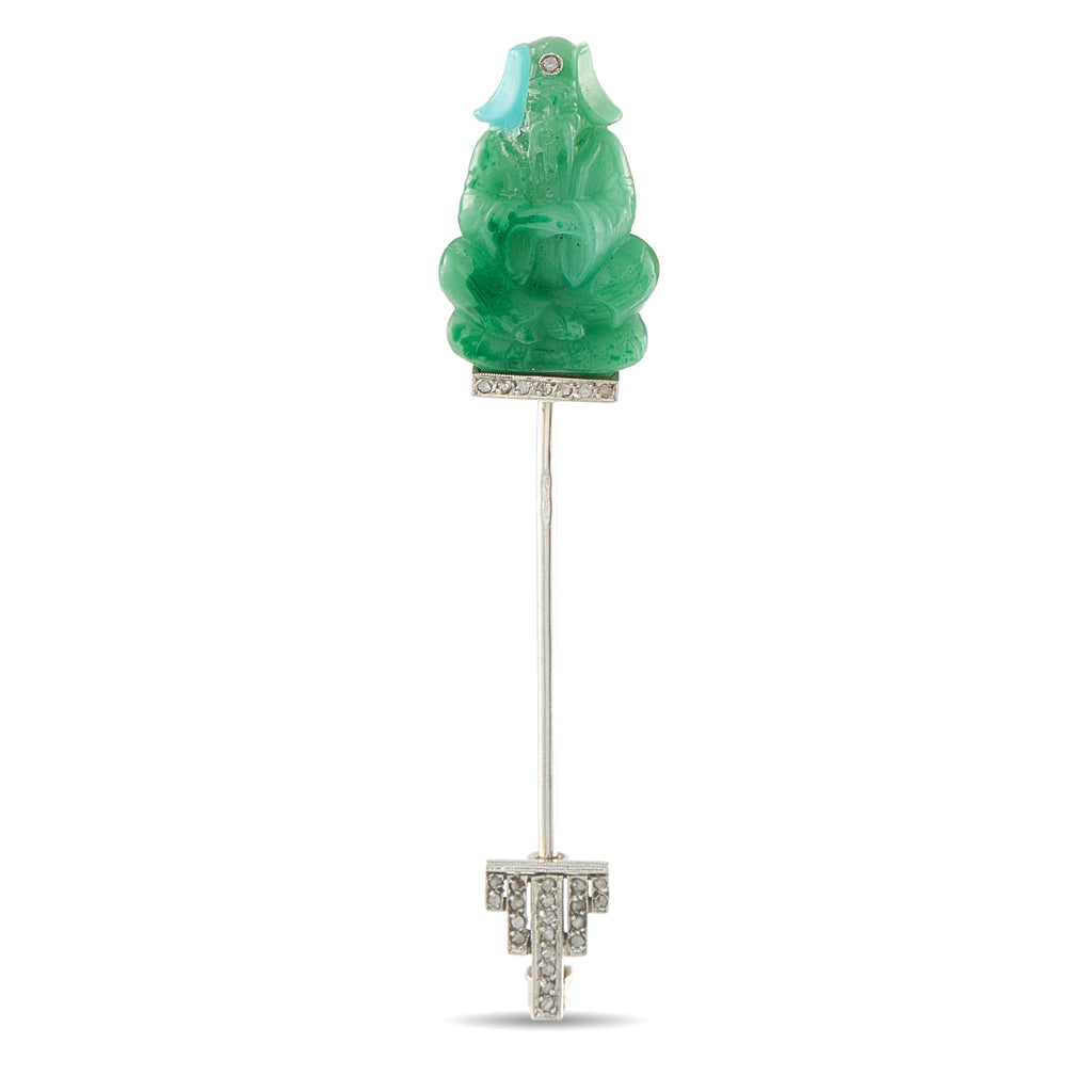 Antique 18K White Gold Carved Jade Jabot Pin