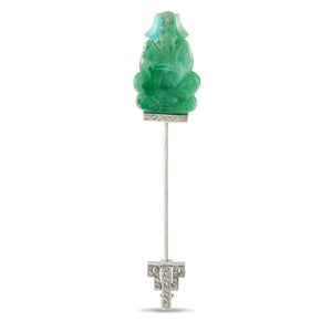 Antique 18K White Gold Carved Jade Jabot Pin