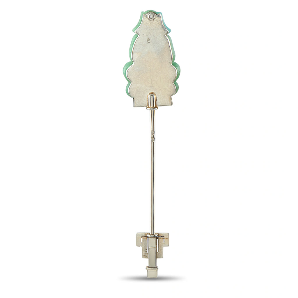 Antique 18K White Gold Carved Jade Jabot Pin