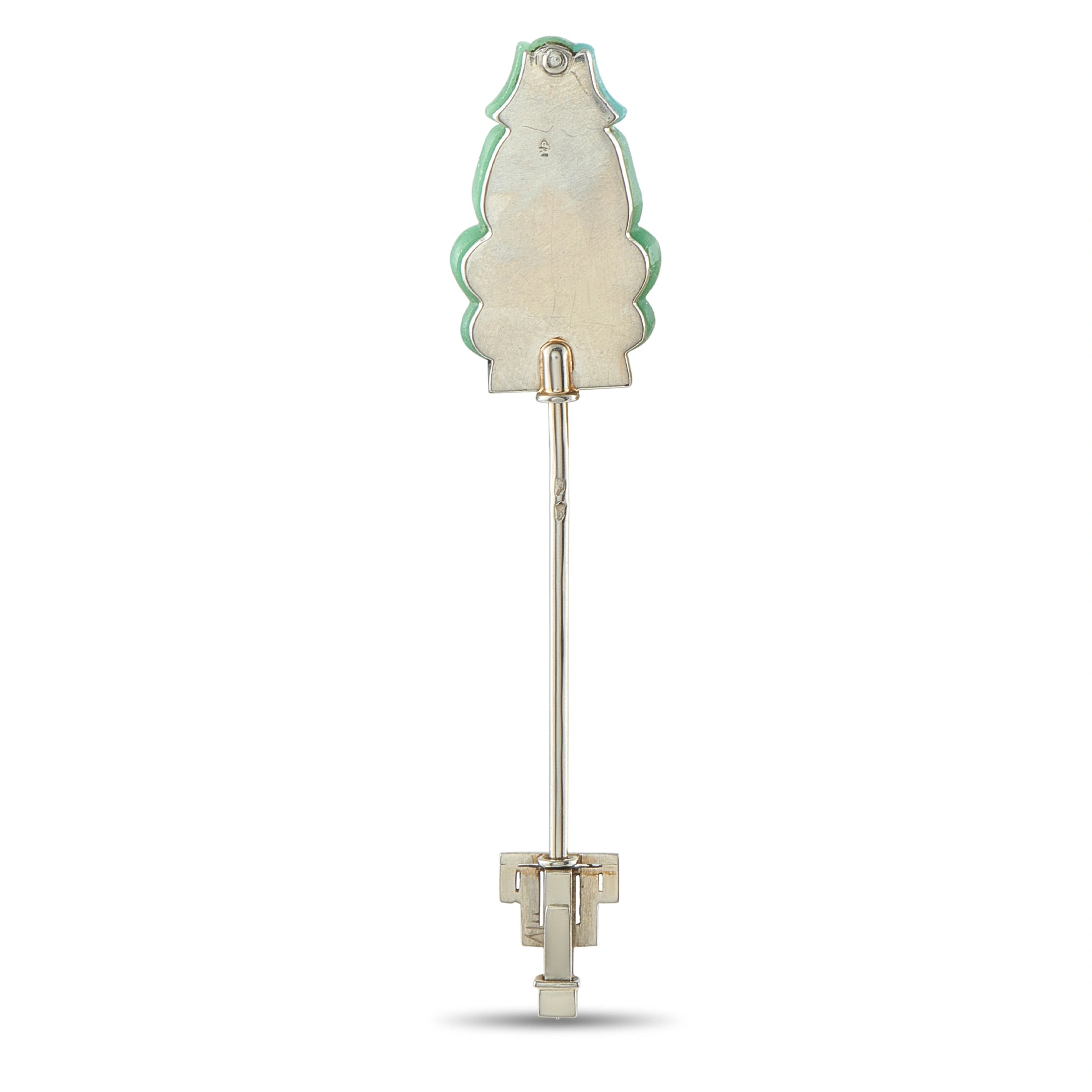 Antique 18K White Gold Carved Jade Jabot Pin