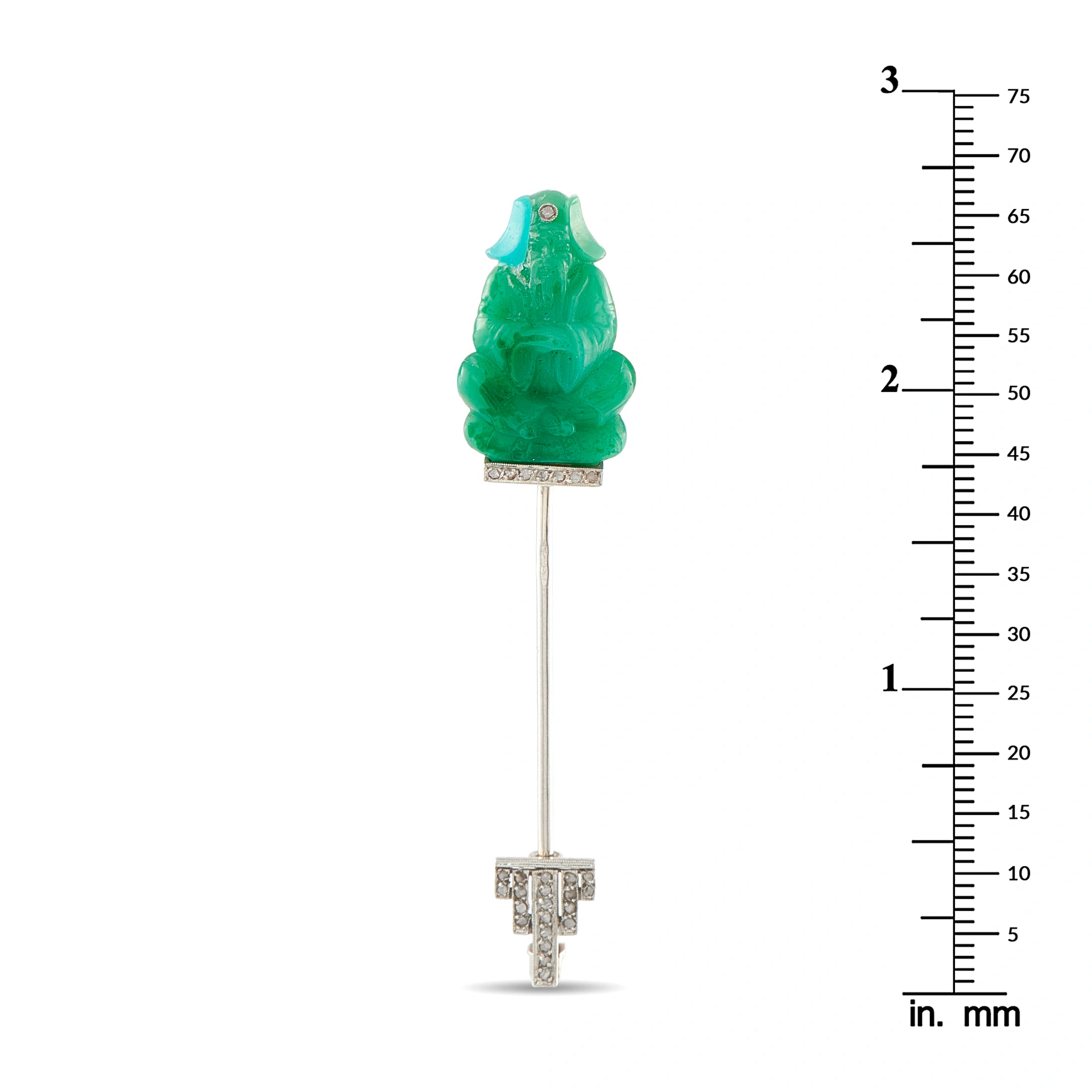 Antique 18K White Gold Carved Jade Jabot Pin