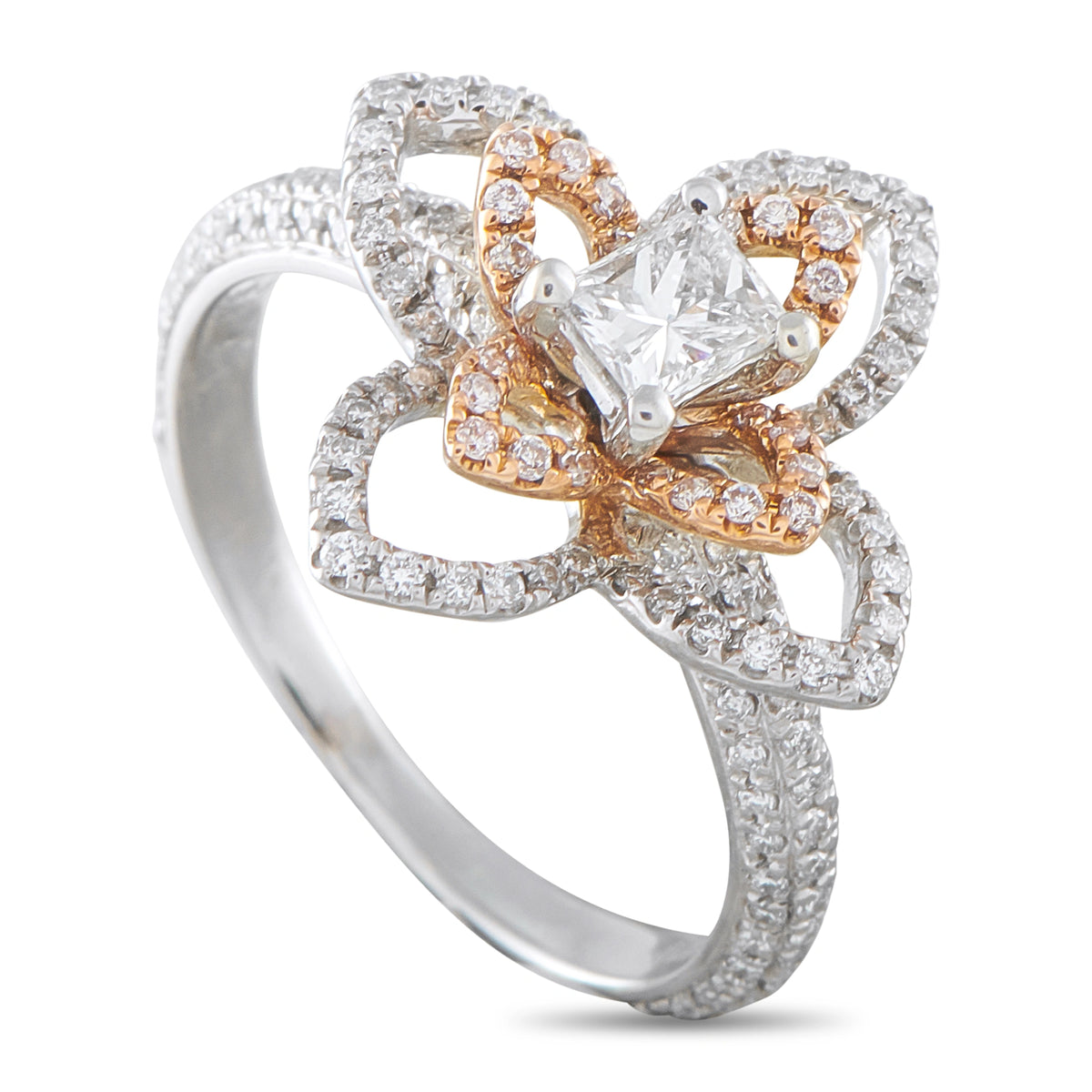 18K white gold diamond flower ring with white center stone and pink accent petals