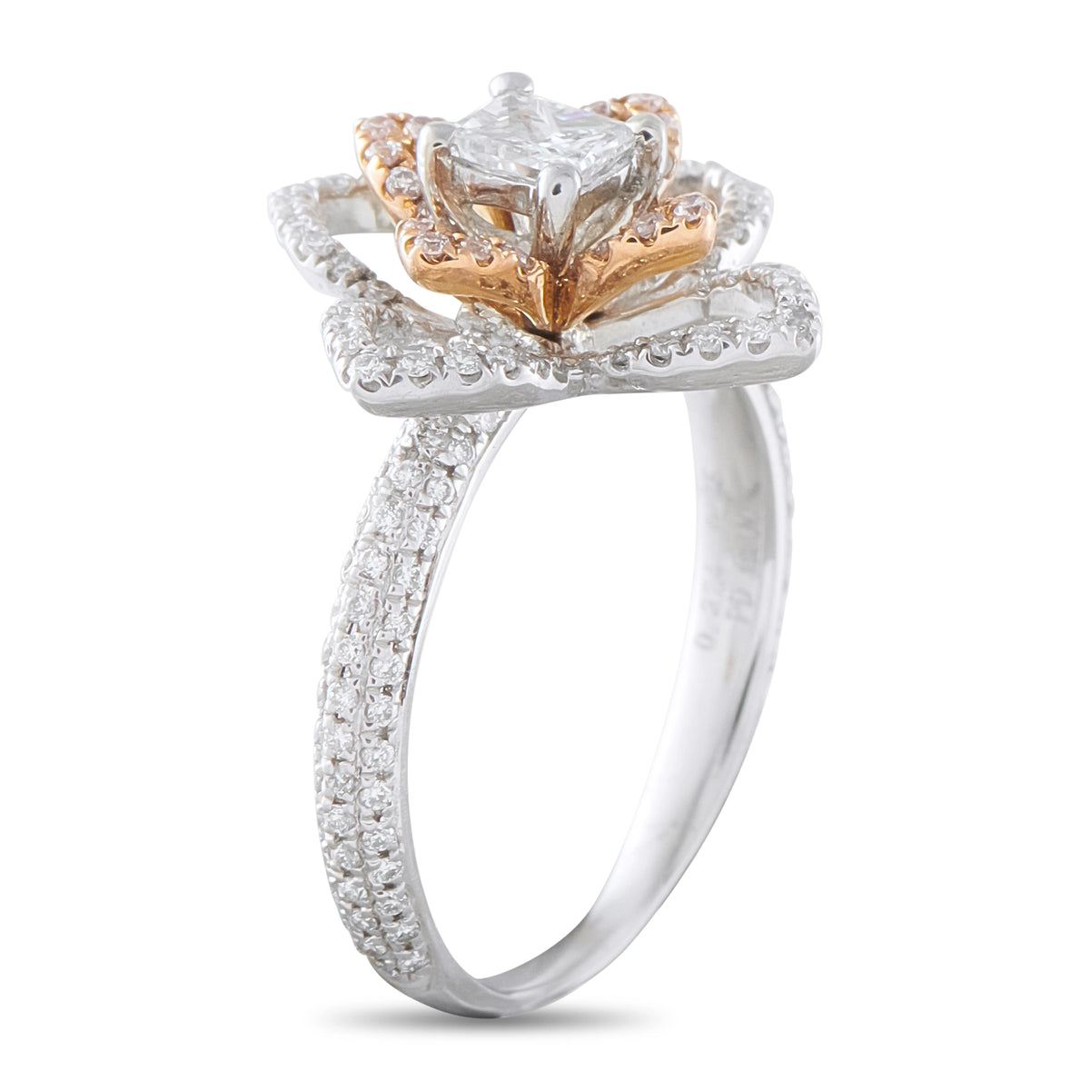 18K white gold diamond flower ring with raised center stone and pink-gold prongs