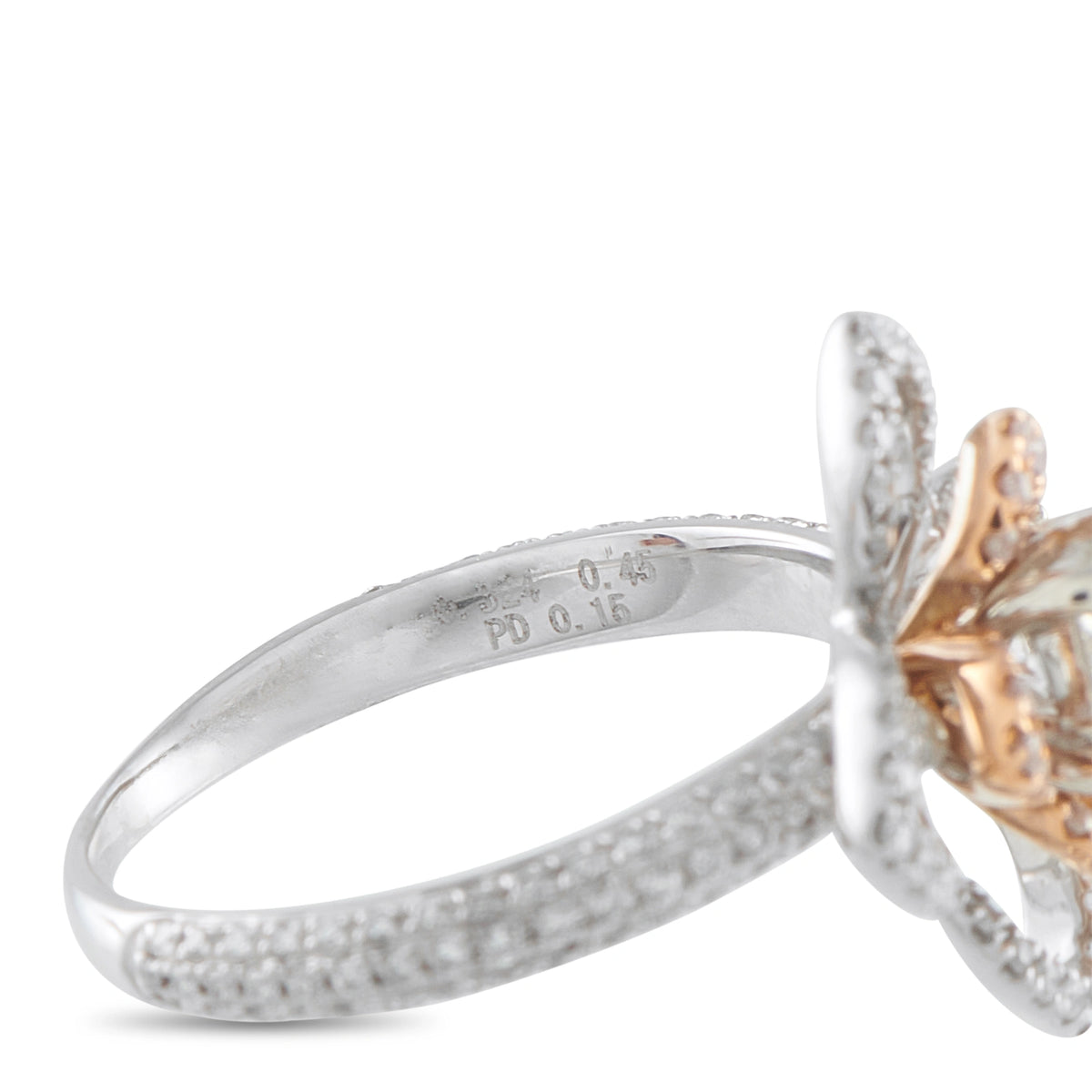18K white gold diamond flower ring with white and pink petals