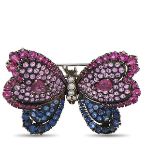 18K White Gold and Silver 0.40ct Diamond, Ruby, and Sapphire Butterfly Brooch