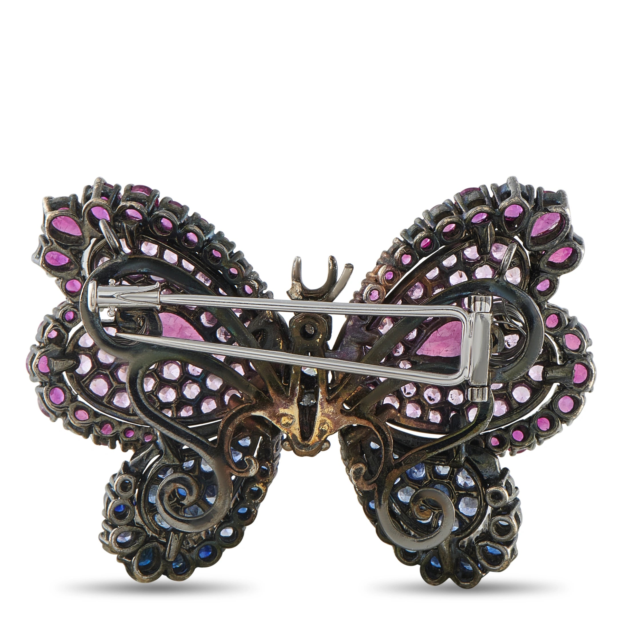 18K White Gold and Silver 0.40ct Diamond, Ruby, and Sapphire Butterfly Brooch