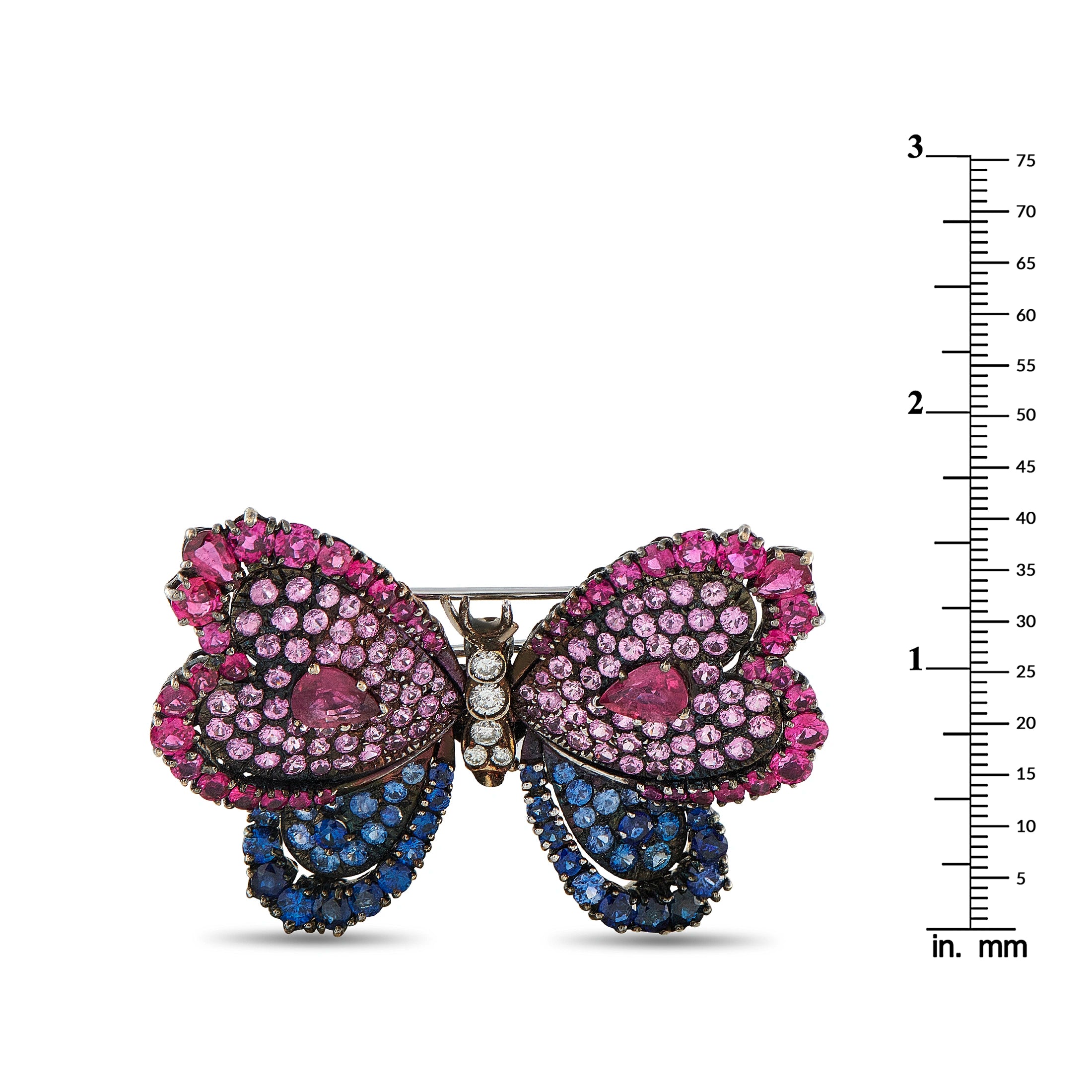 18K White Gold and Silver 0.40ct Diamond, Ruby, and Sapphire Butterfly Brooch