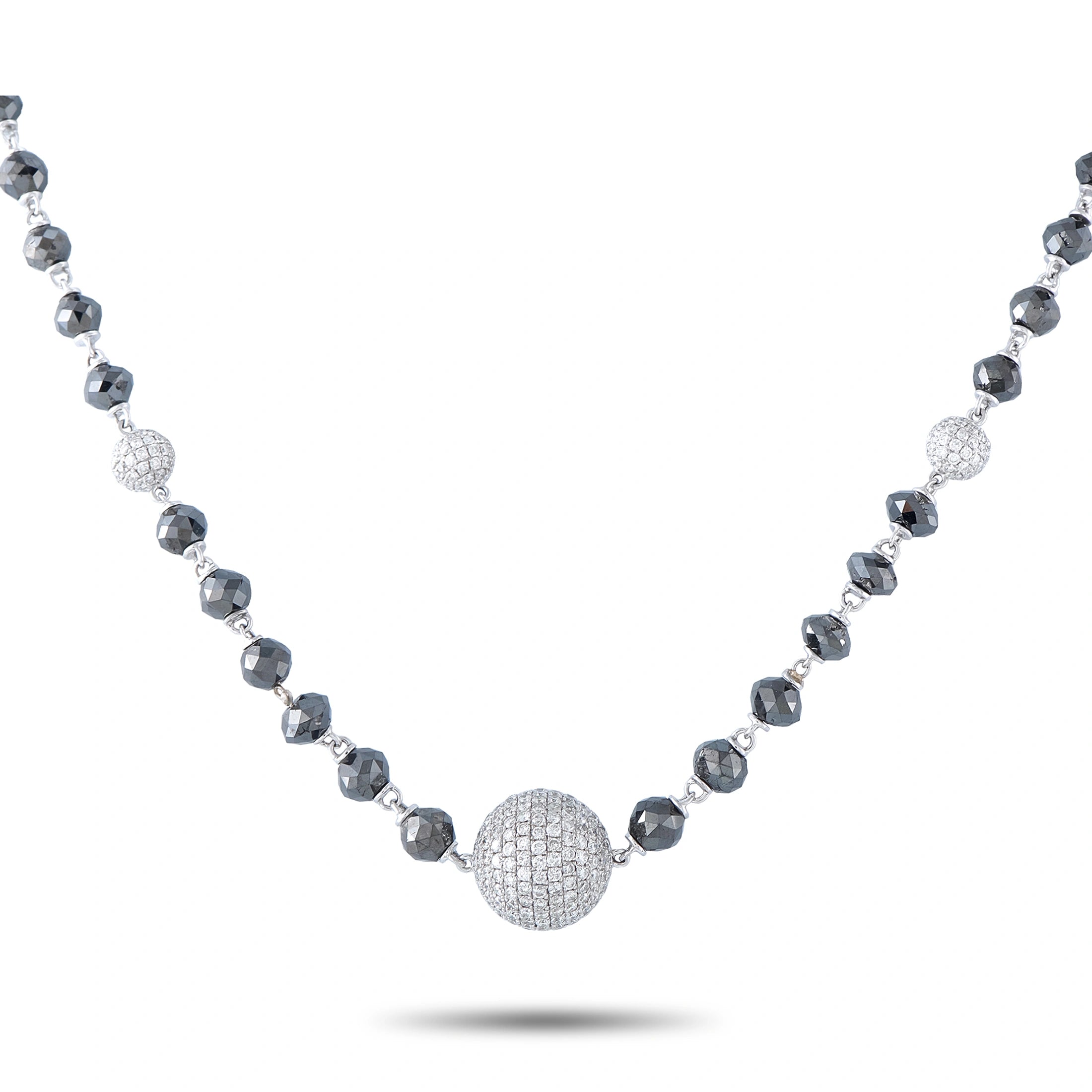 18K white gold necklace with black diamond beads and pavé diamond spheres