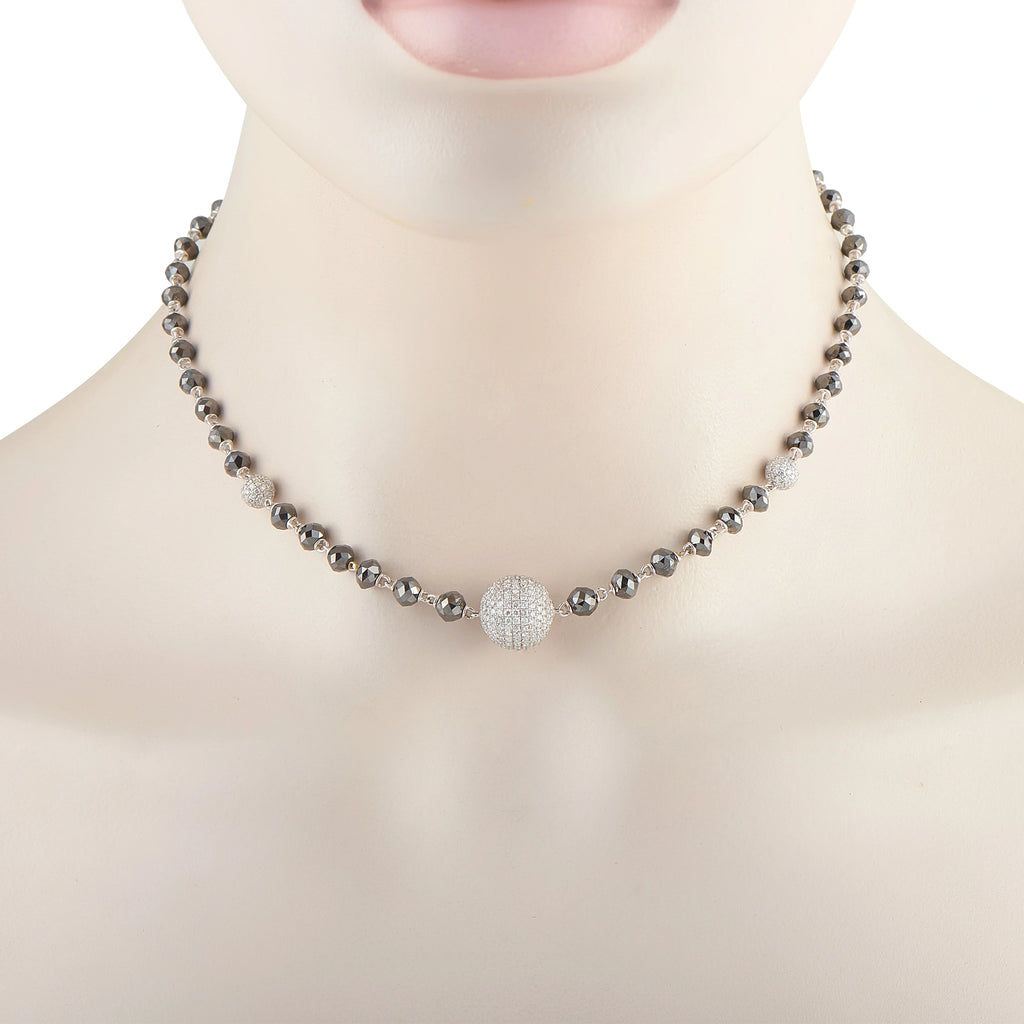 18K white gold white and black diamond beaded necklace with central pavé bead