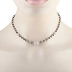 18K white gold white and black diamond beaded necklace with central pavé bead