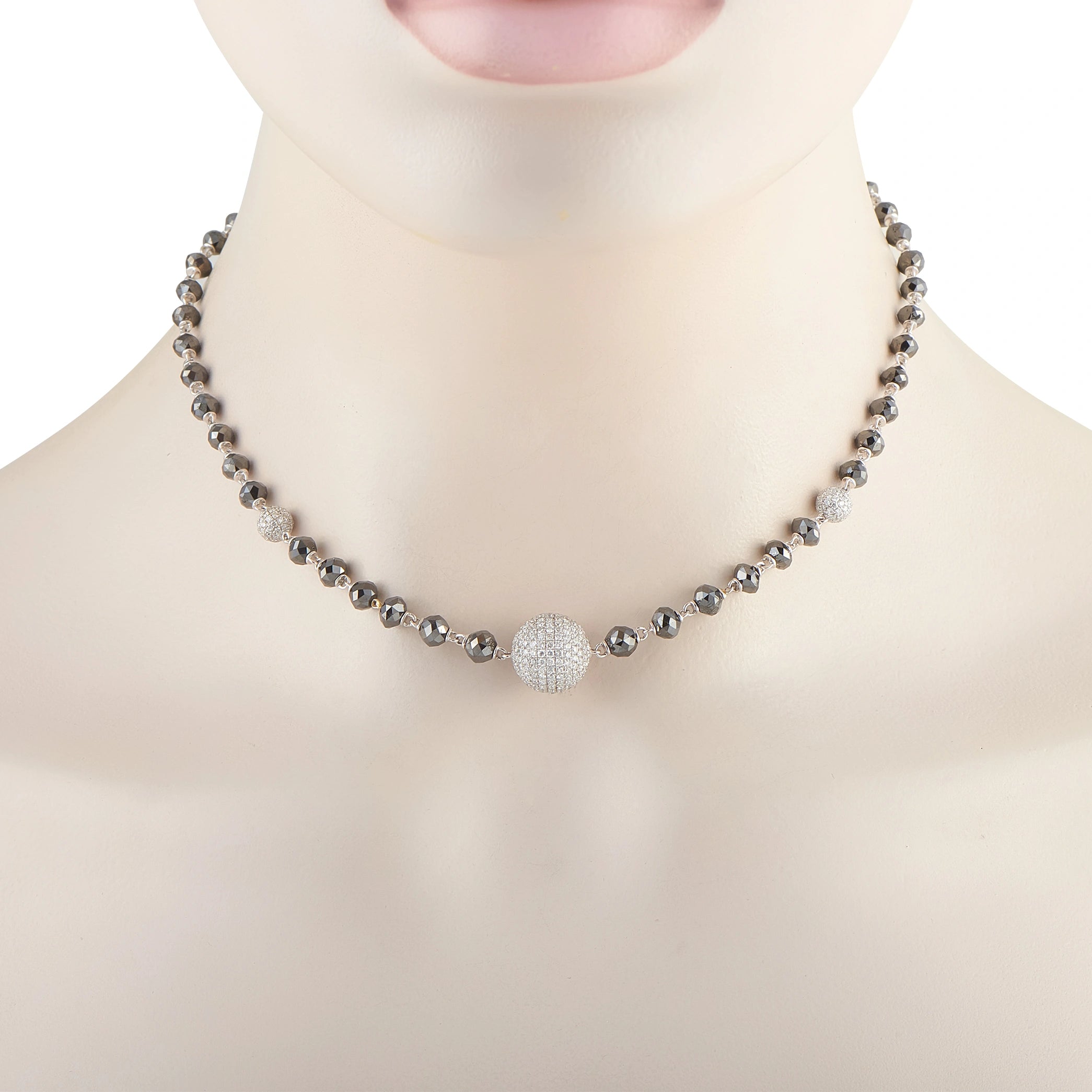 18K white gold white and black diamond beaded necklace with central pavé bead