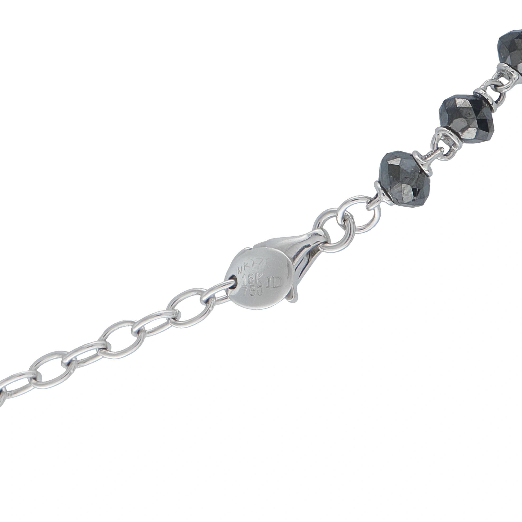 Necklace clasp view with alternating dark round beads and silver-tone link chain
