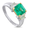 Emerald and diamond ring, green emerald in white gold with yellow accents