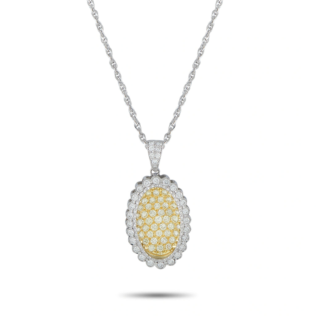 Diamond pendant with oval yellow center and white halo on silver chain