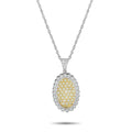 Diamond pendant with oval yellow center and white halo on silver chain