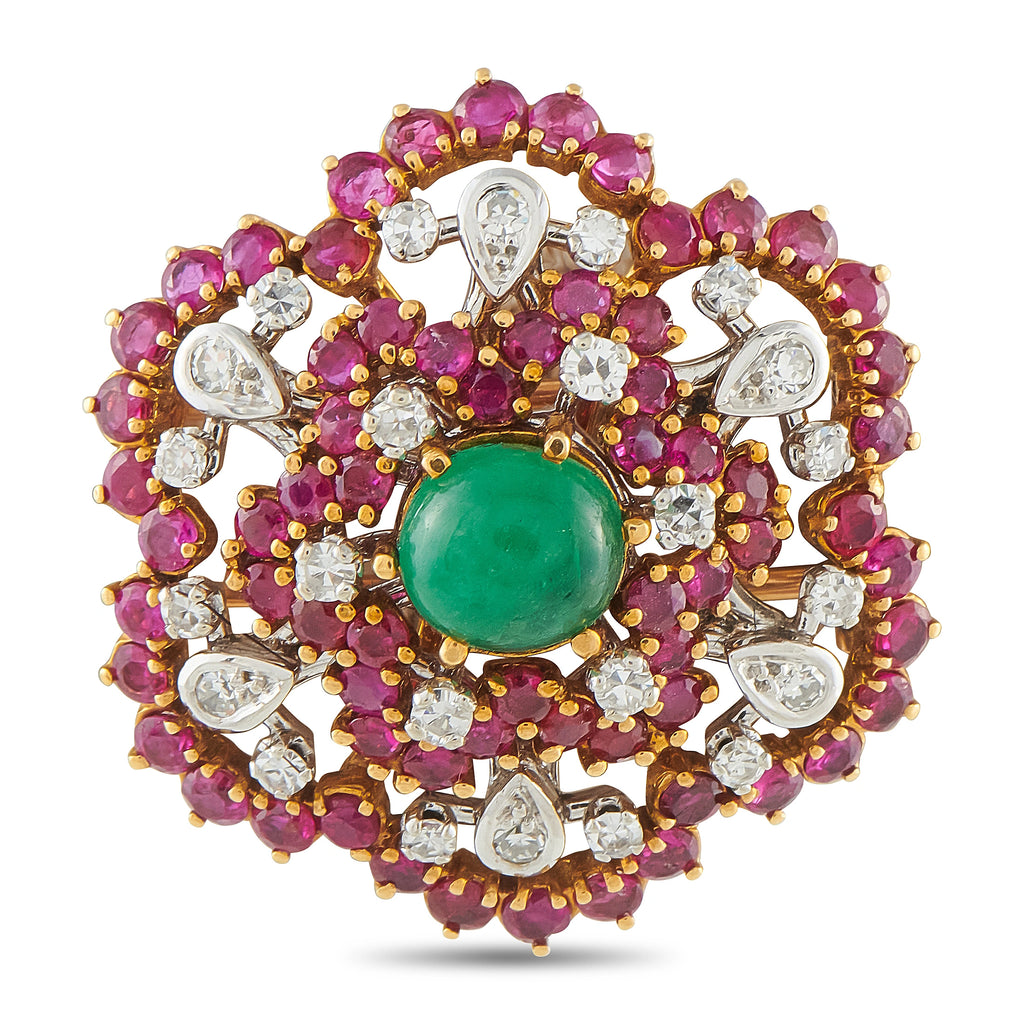 18K yellow gold cluster brooch with purple stones, green center, and diamond accents