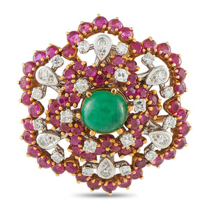 Antique French 18K Yellow Gold 0.50ct Diamond, Ruby, and Emerald Cluster Brooch