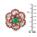 18K yellow gold cluster brooch with purple stones, green center, diamond accents; size on ruler