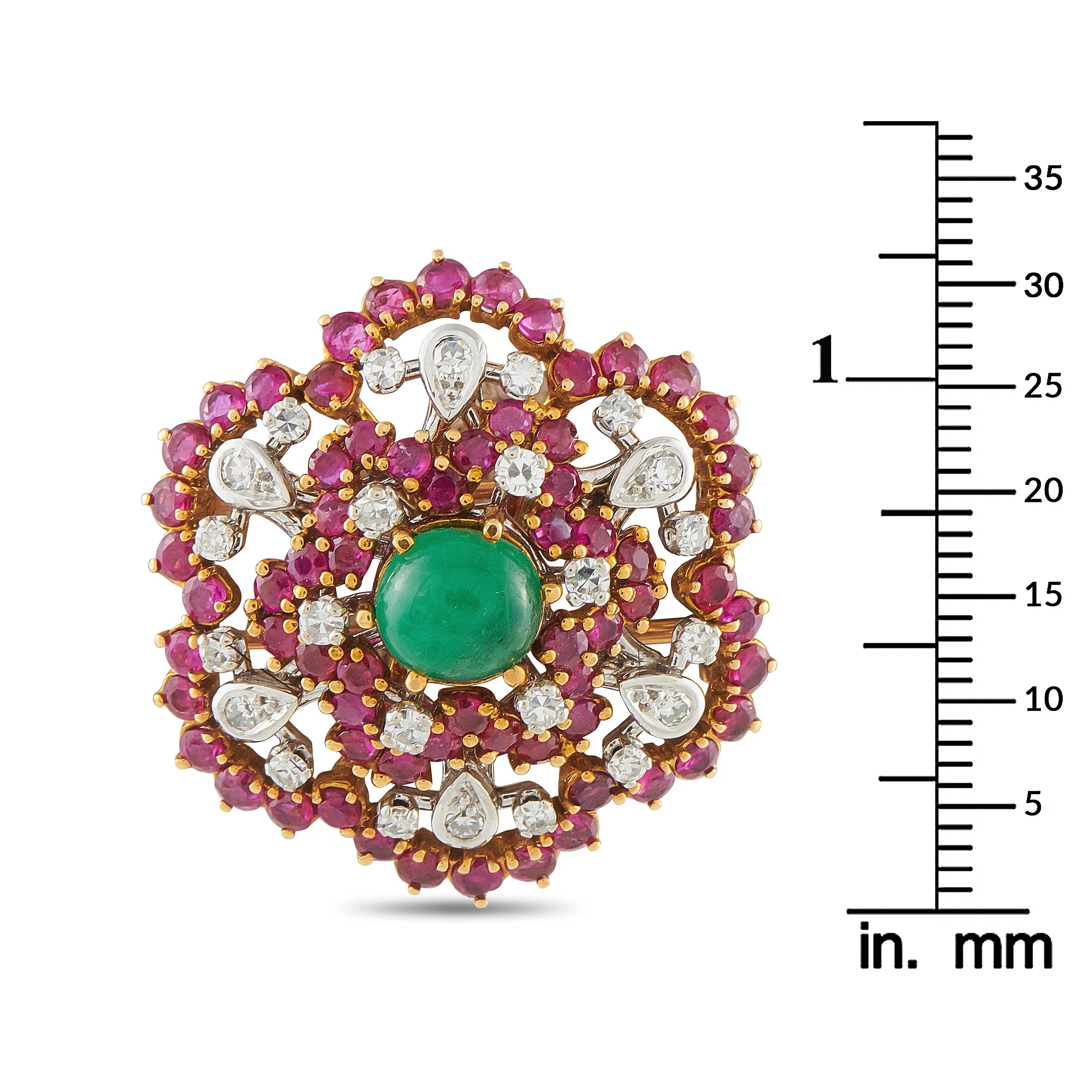 18K yellow gold cluster brooch with purple stones, green center, diamond accents; size on ruler